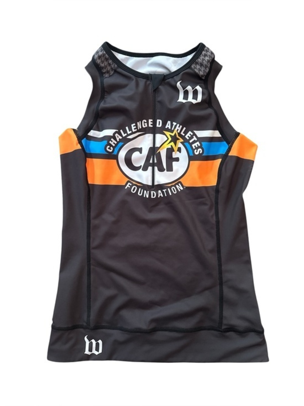 CAF Challenge Athletes Foundation Black Athletic Tank with Orange & Blue Stripe